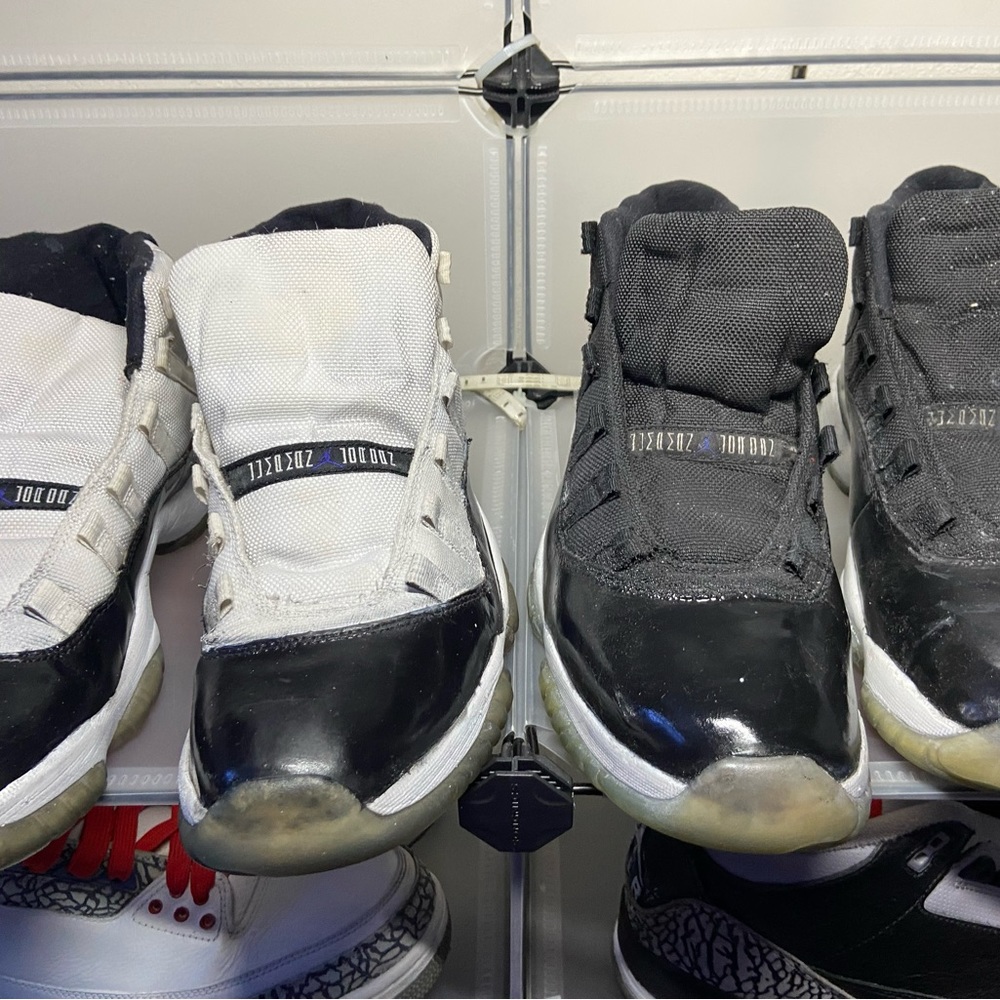 2 pair of jordan 11’s one concord and one space jam. Both pair are size 10.5